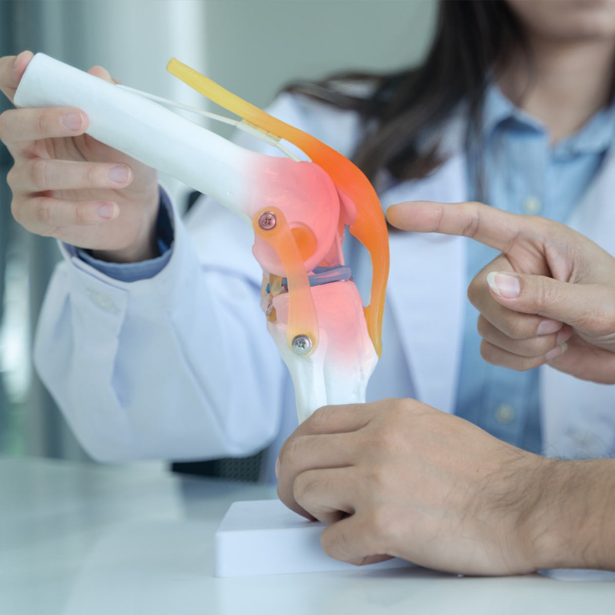 Photo of a doctor looking at a model of a joint Photo of a doctor looking at a model of a joint